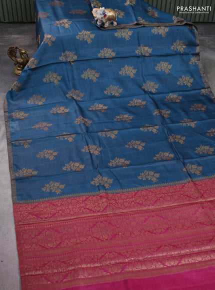 Banarasi tussar silk saree peacock blue and pink with thread & zari woven buttas and woven border