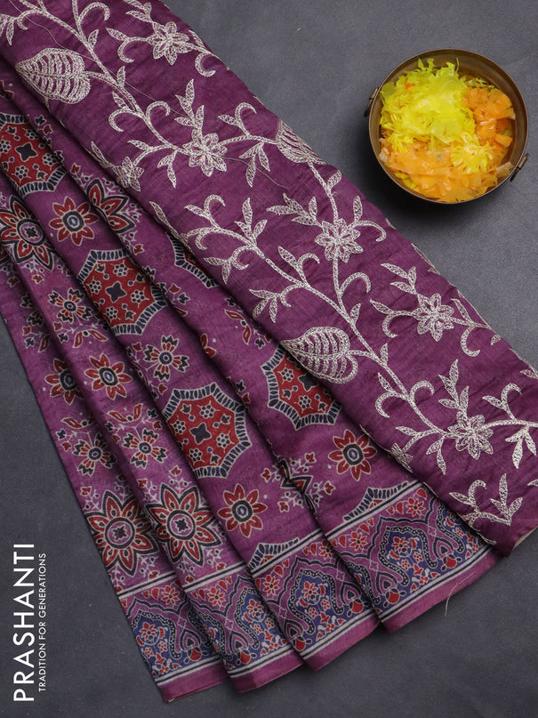 Semi chanderi saree purple with allover ajrakh prints and embroidery pallu