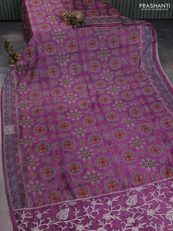 Semi chanderi saree purple with allover ajrakh prints and embroidery pallu