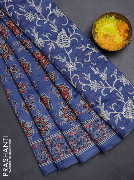 Semi chanderi saree blue with allover ajrakh prints and embroidery pallu