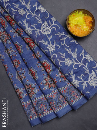 Semi chanderi saree blue with allover ajrakh prints and embroidery pallu