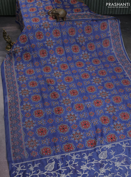 Semi chanderi saree blue with allover ajrakh prints and embroidery pallu