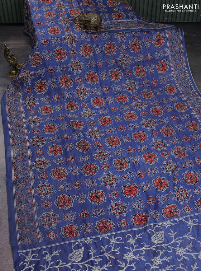 Semi chanderi saree blue with allover ajrakh prints and embroidery pallu