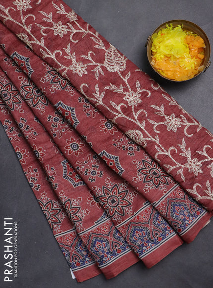 Semi chanderi saree maroon with allover ajrakh prints and embroidery pallu
