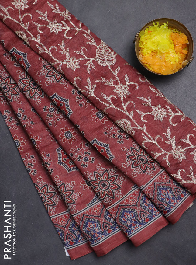 Semi chanderi saree maroon with allover ajrakh prints and embroidery pallu