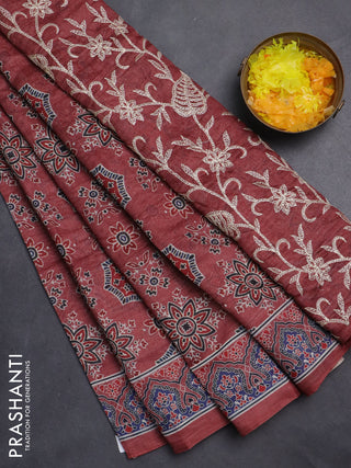 Semi chanderi saree maroon with allover ajrakh prints and embroidery pallu