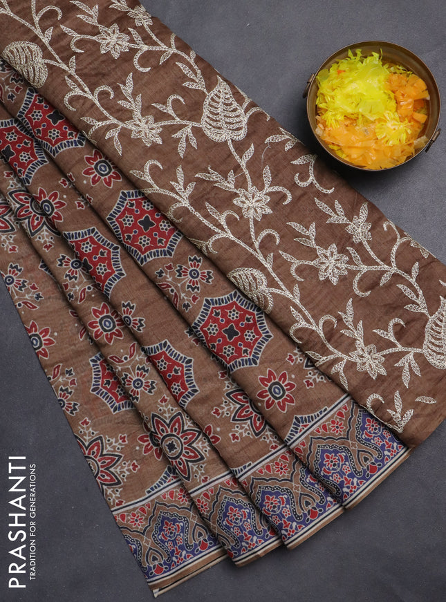 Semi chanderi saree brown shade with allover ajrakh prints and embroidery pallu