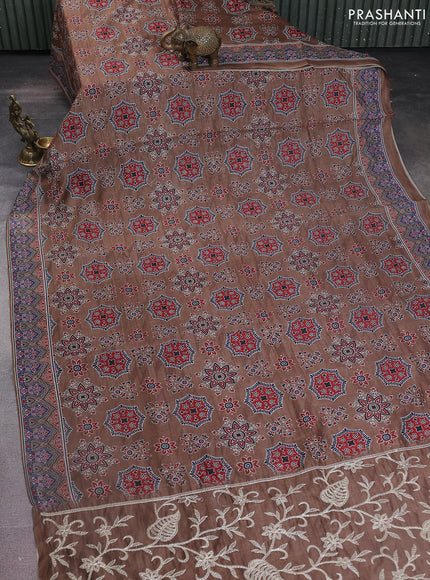 Semi chanderi saree brown shade with allover ajrakh prints and embroidery pallu