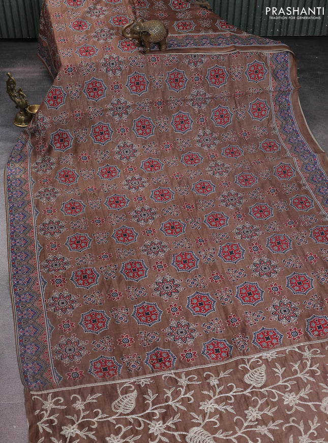 Semi chanderi saree brown shade with allover ajrakh prints and embroidery pallu