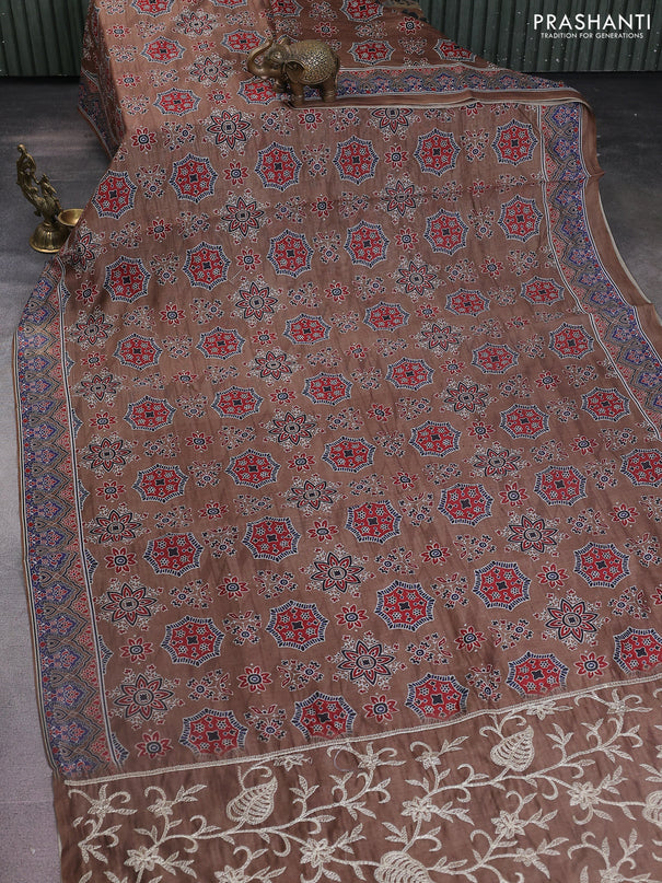 Semi chanderi saree brown shade with allover ajrakh prints and embroidery pallu