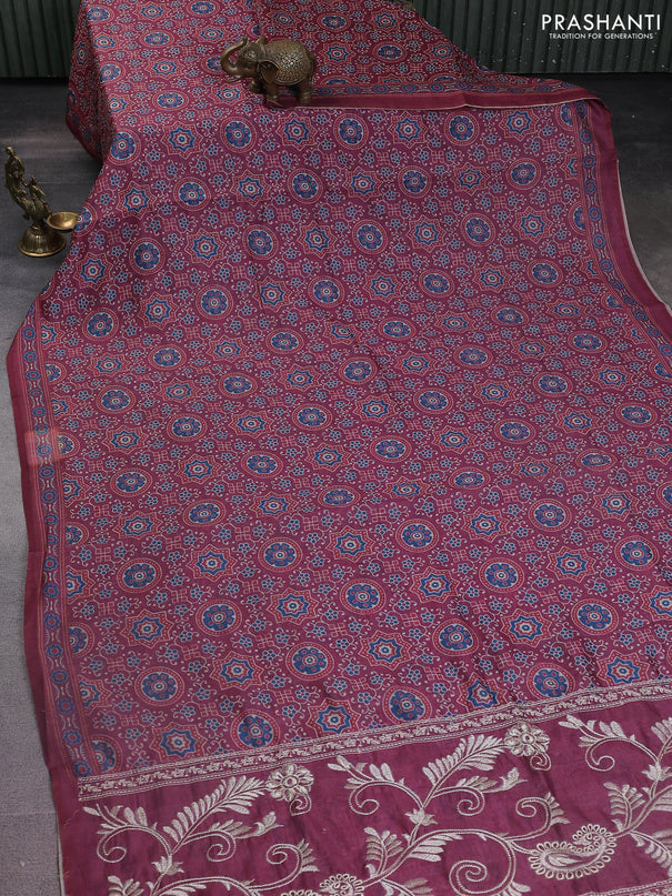 Semi chanderi saree magenta pink with allover prints and embroidery pallu