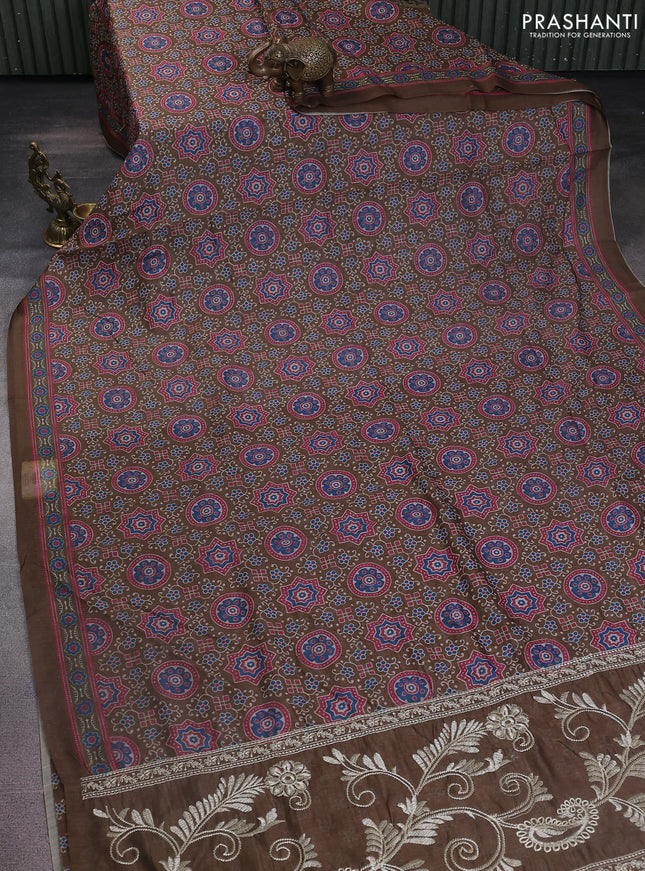 Semi chanderi saree sap green with allover prints and embroidery pallu