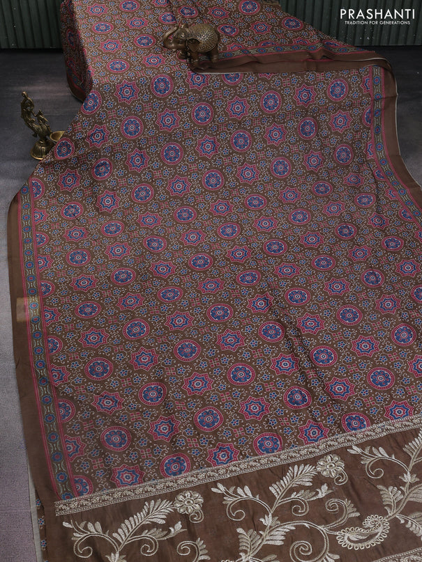 Semi chanderi saree sap green with allover prints and embroidery pallu