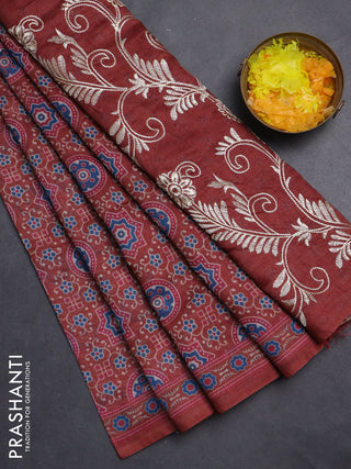 Semi chanderi saree maroon with allover prints and embroidery pallu