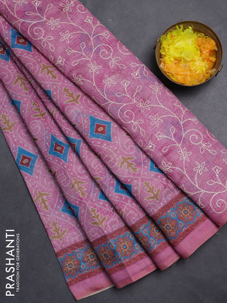 Semi chanderi saree pink with allover prints and embroidery pallu