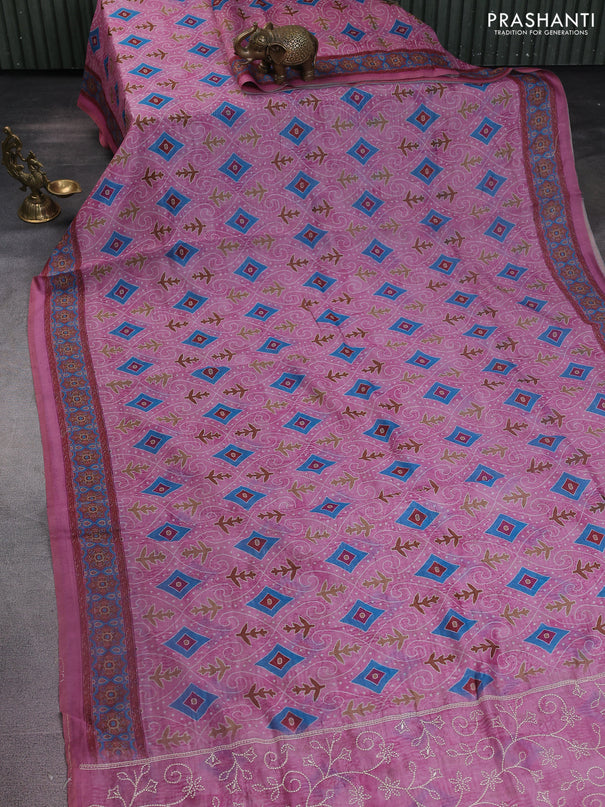 Semi chanderi saree pink with allover prints and embroidery pallu