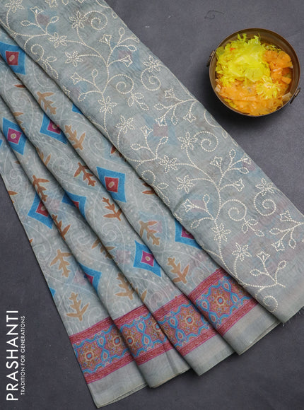 Semi chanderi saree pastel green with allover prints and embroidery pallu