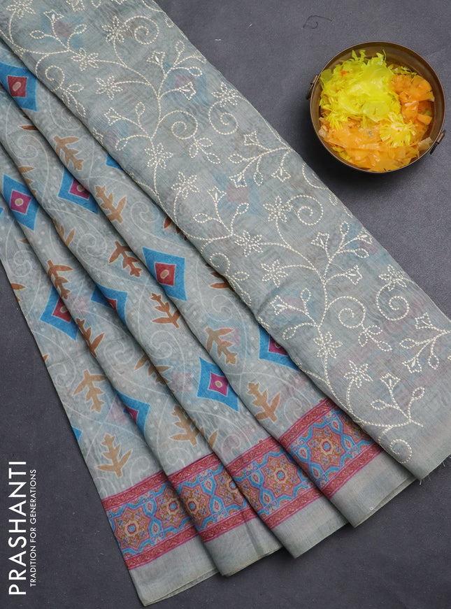 Semi chanderi saree pastel green with allover prints and embroidery pallu