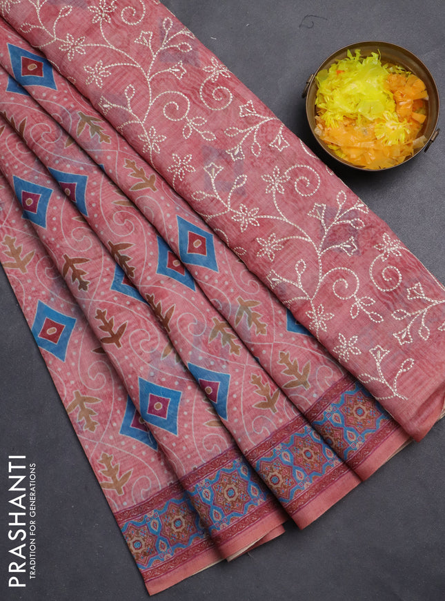 Semi chanderi saree peach pink with allover prints and embroidery pallu