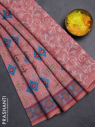 Semi chanderi saree peach pink with allover prints and embroidery pallu