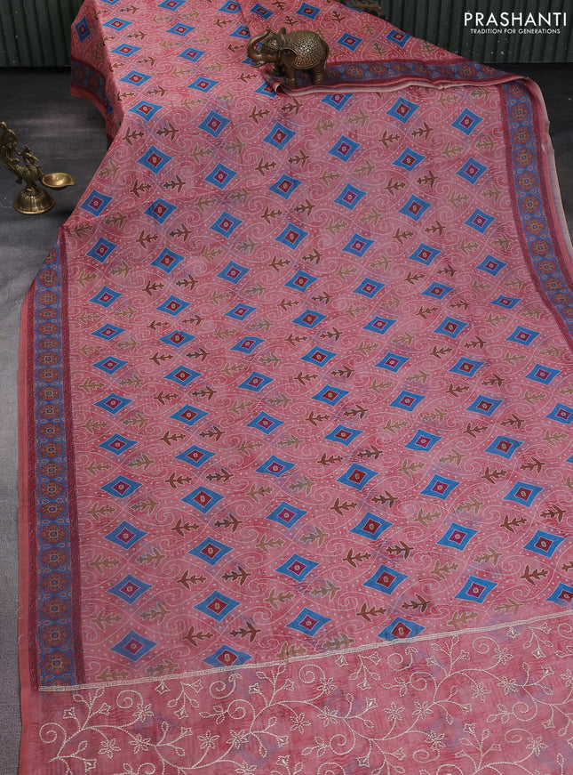 Semi chanderi saree peach pink with allover prints and embroidery pallu