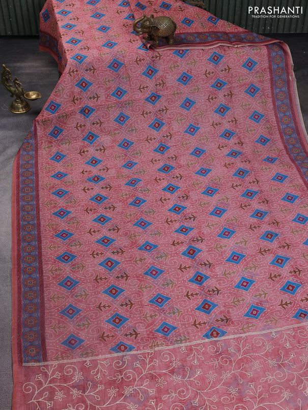 Semi chanderi saree peach pink with allover prints and embroidery pallu