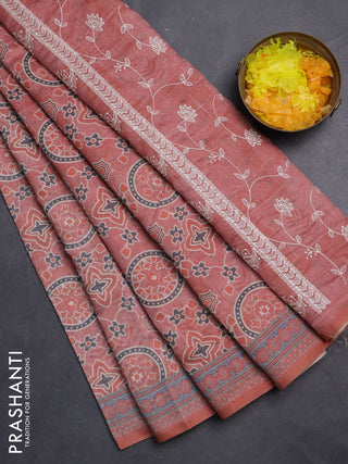 Semi chanderi saree peach shade with allover prints and embroidery pallu