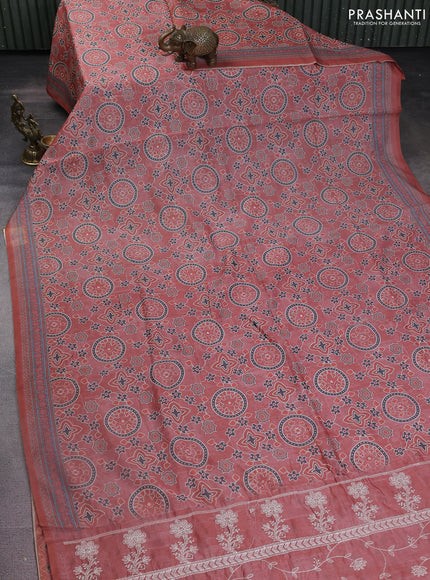 Semi chanderi saree peach shade with allover prints and embroidery pallu