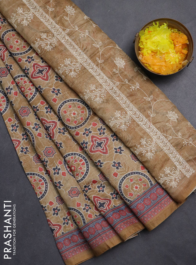 Semi chanderi saree sandal with allover prints and embroidery pallu