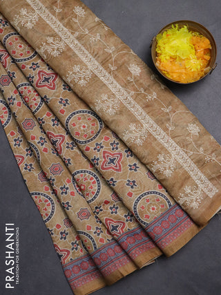 Semi chanderi saree sandal with allover prints and embroidery pallu