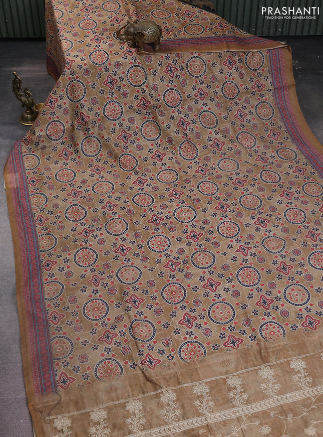 Semi chanderi saree sandal with allover prints and embroidery pallu