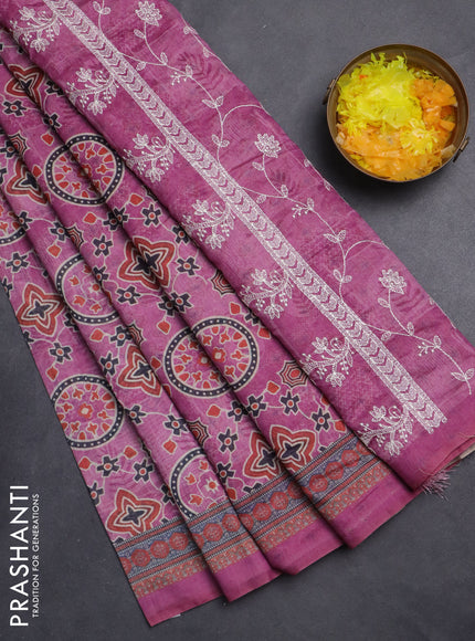 Semi chanderi saree magenta pink with allover prints and embroidery pallu