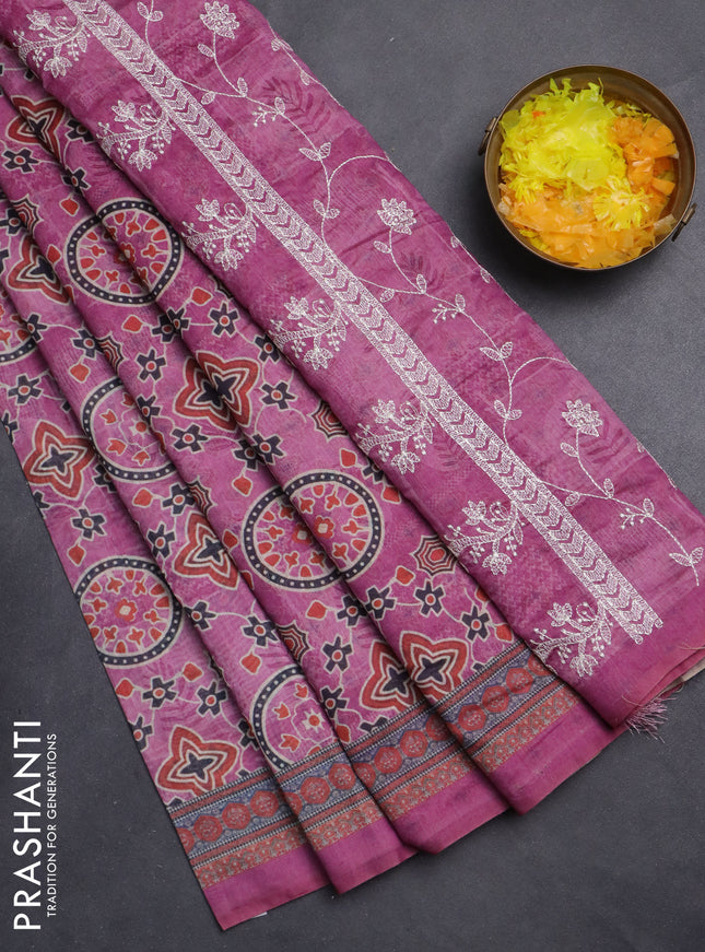 Semi chanderi saree magenta pink with allover prints and embroidery pallu