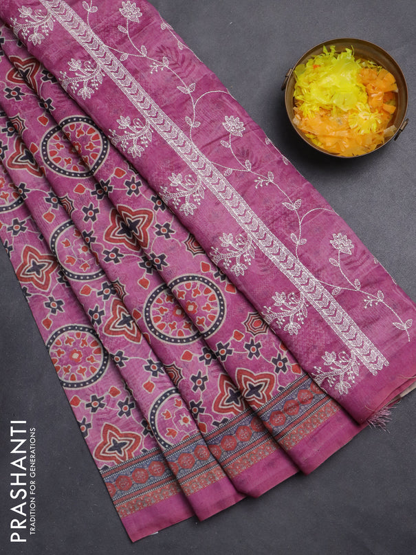 Semi chanderi saree magenta pink with allover prints and embroidery pallu