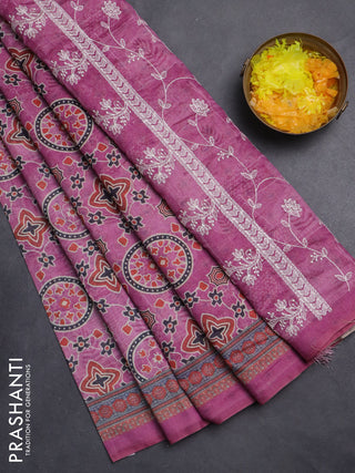 Semi chanderi saree magenta pink with allover prints and embroidery pallu