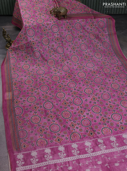 Semi chanderi saree magenta pink with allover prints and embroidery pallu