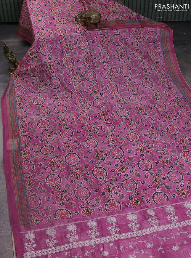Semi chanderi saree magenta pink with allover prints and embroidery pallu