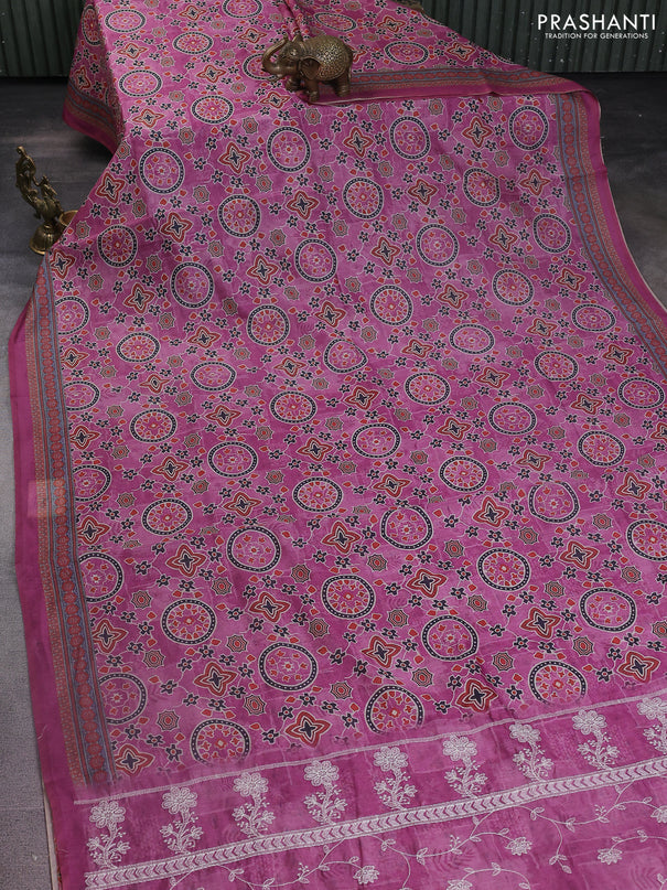 Semi chanderi saree magenta pink with allover prints and embroidery pallu