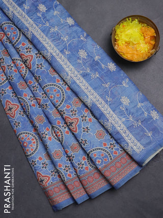 Semi chanderi saree blue with allover prints and embroidery pallu