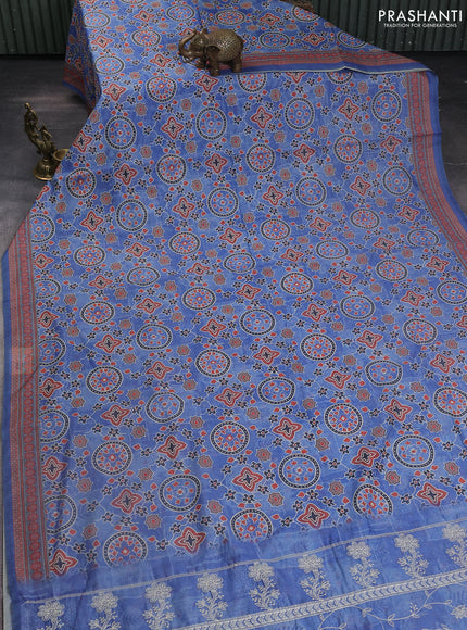 Semi chanderi saree blue with allover prints and embroidery pallu