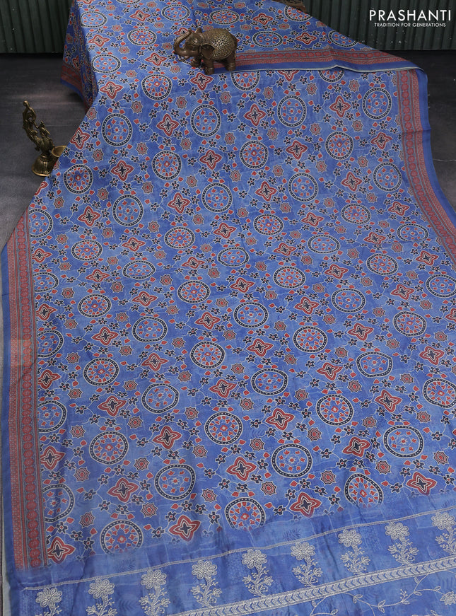 Semi chanderi saree blue with allover prints and embroidery pallu