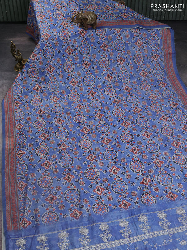 Semi chanderi saree blue with allover prints and embroidery pallu