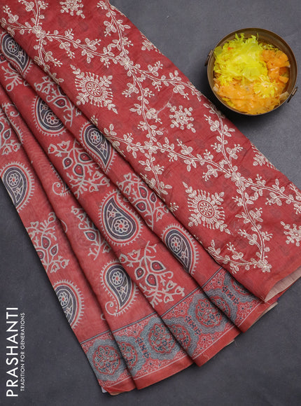 Semi chanderi saree peach shade with allover prints and embroidery pallu