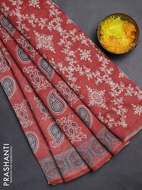 Semi chanderi saree peach shade with allover prints and embroidery pallu