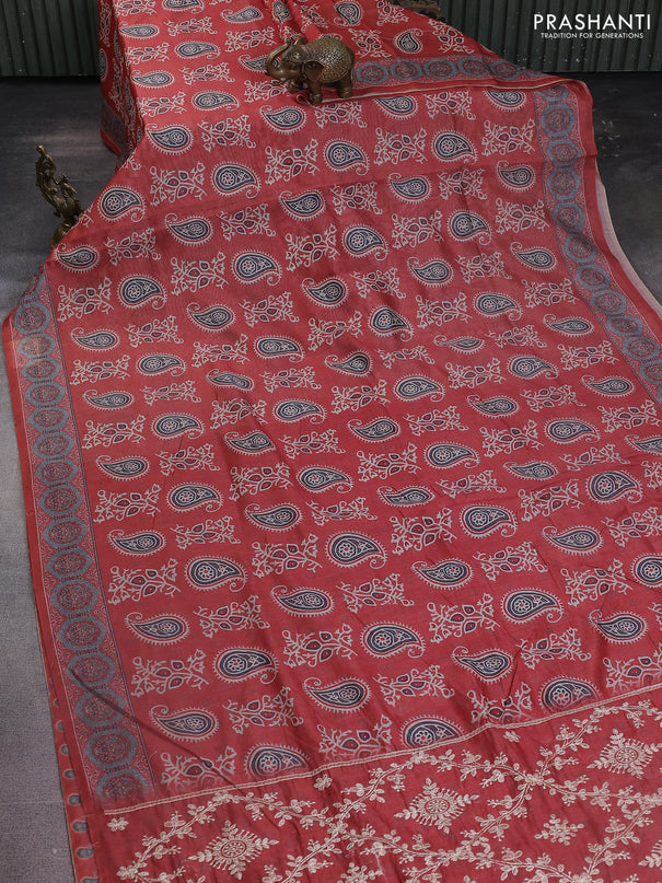 Semi chanderi saree peach shade with allover prints and embroidery pallu