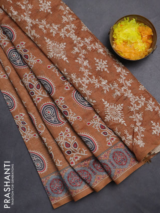 Semi chanderi saree dark mustard with allover prints and embroidery pallu