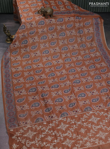 Semi chanderi saree dark mustard with allover prints and embroidery pallu