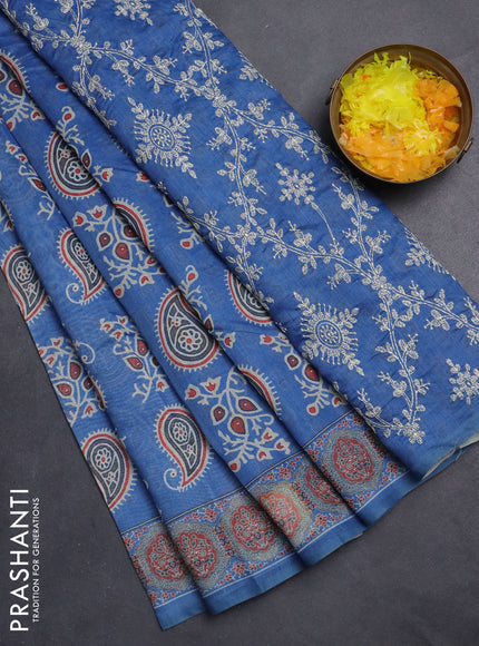 Semi chanderi saree blue with allover prints and embroidery pallu