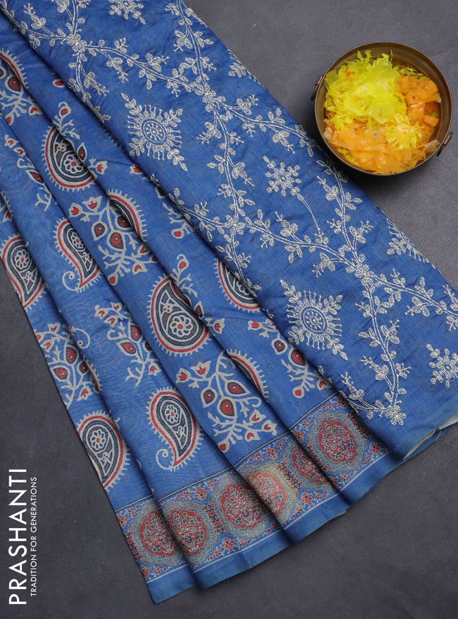 Semi chanderi saree blue with allover prints and embroidery pallu