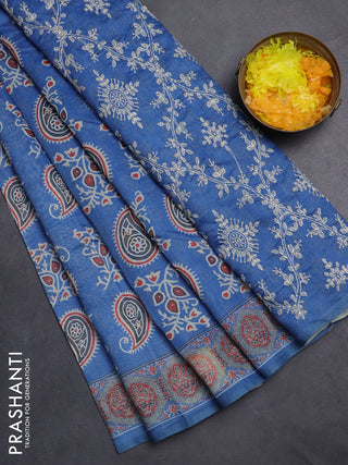 Semi chanderi saree blue with allover prints and embroidery pallu